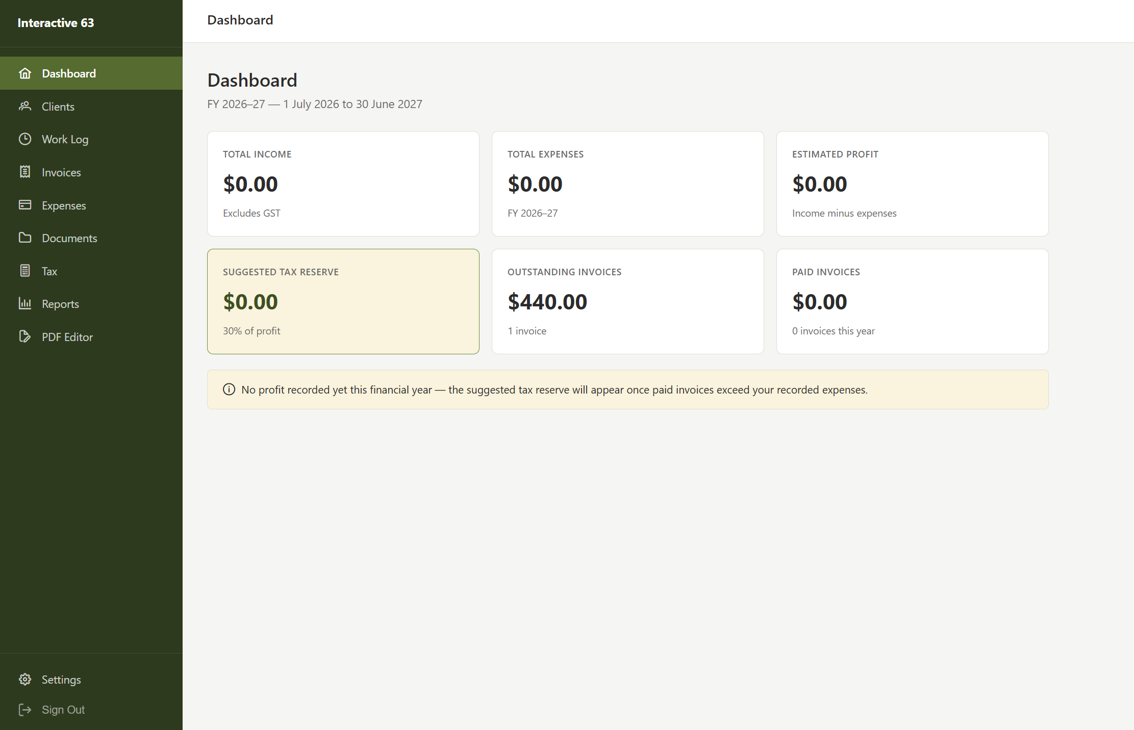 Interactive 63 internal business management portal showing the dashboard with invoices and client overview widgets