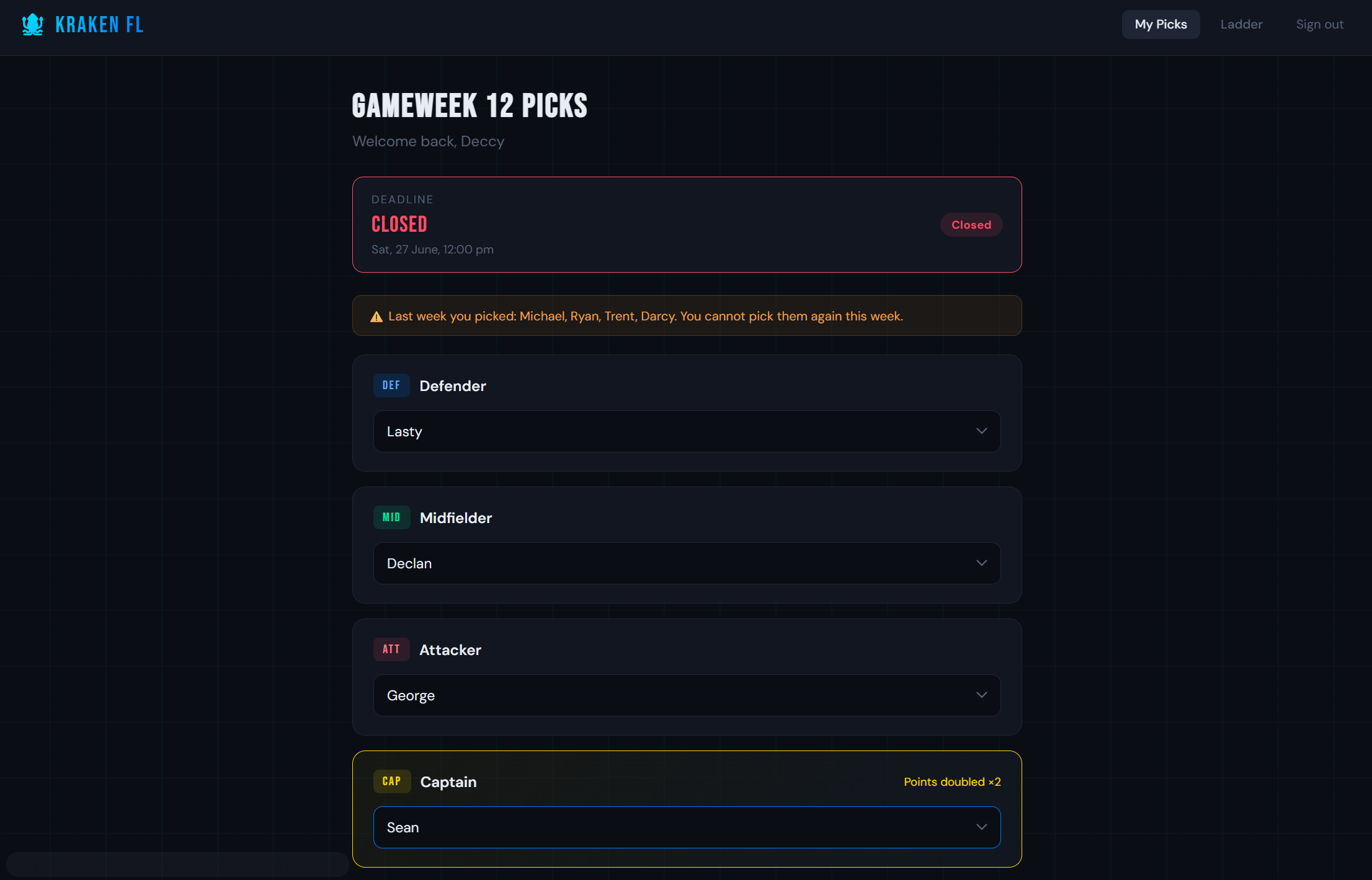 Oak Flats Kraken fantasy football app showing the selection menu for each position
