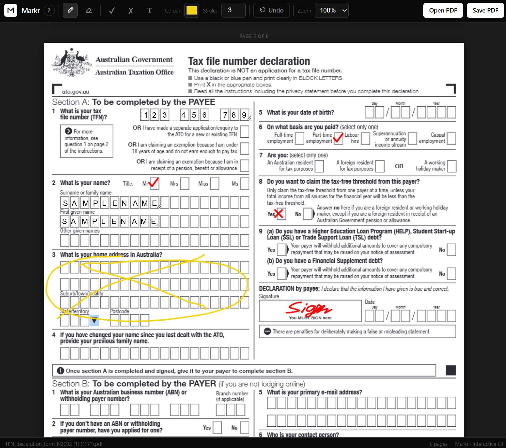 Markr showing annotation tools in use on a PDF document
